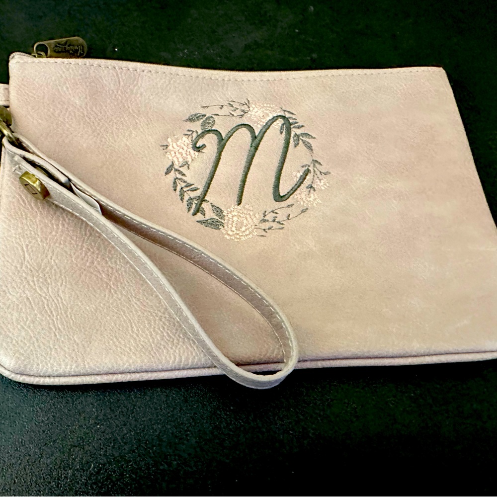 Light Rose/soft pink personalized “M” wristlet! Used once! Great condition!